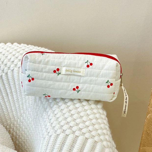 Cute Cherry Quilted Cosmetic Retro Travel & Makeup Pouch