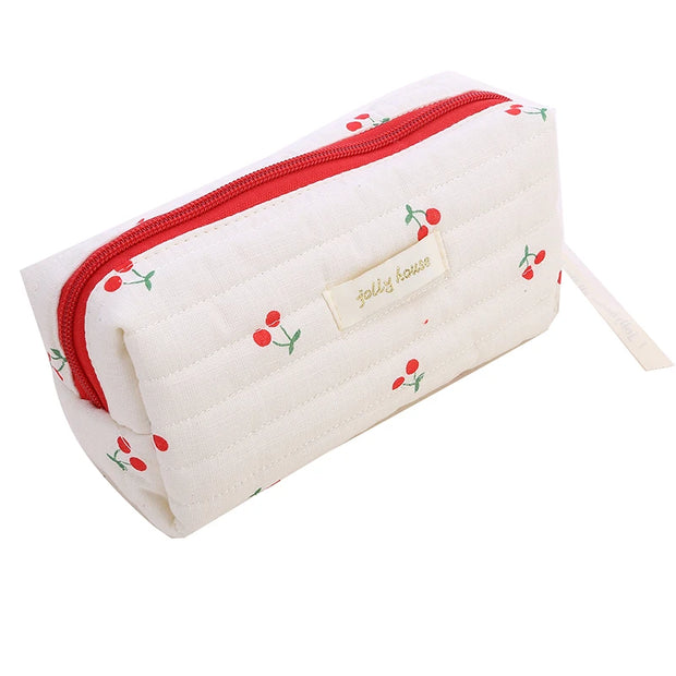 Cute Cherry Quilted Cosmetic Retro Travel & Makeup Pouch