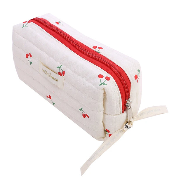 Cute Cherry Quilted Cosmetic Retro Travel & Makeup Pouch