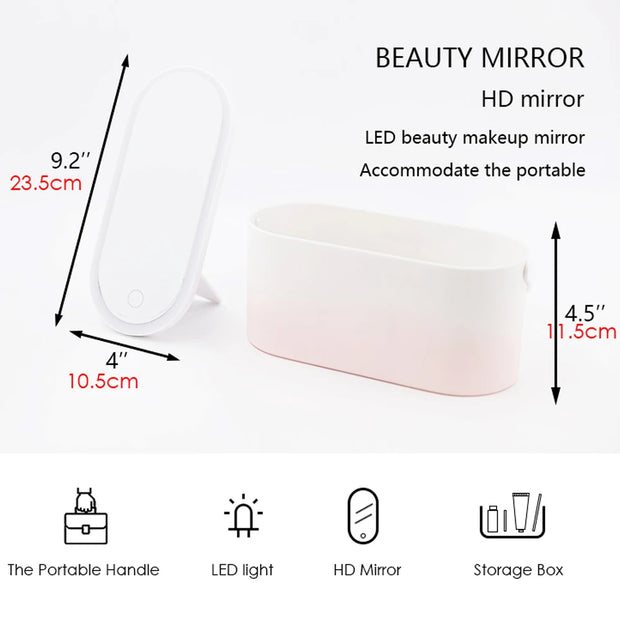 Rechargeable LED Vanity Mirror with Makeup Storage Case