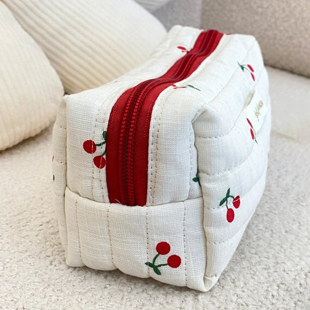 Cute Cherry Quilted Cosmetic Retro Travel & Makeup Pouch